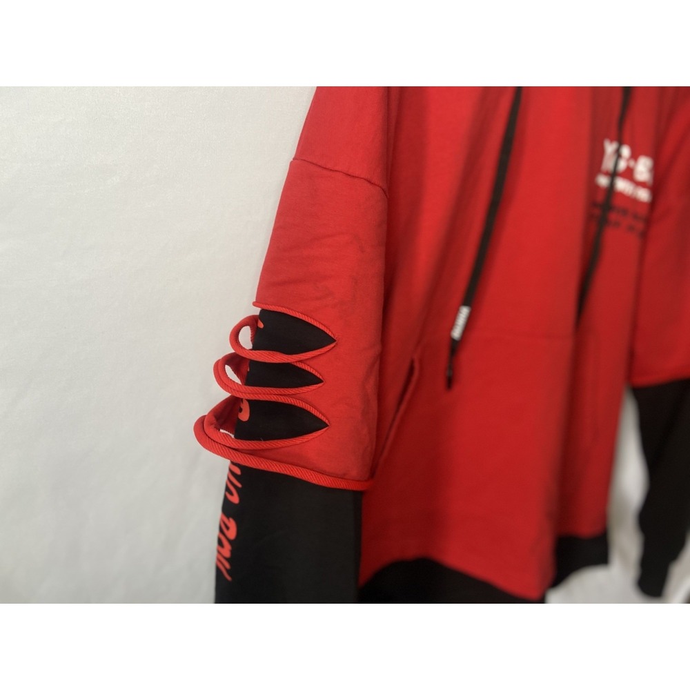 Yuge Fashion Red Black Layered Distressed Graphic Hoodie Mens 3XL Streetwear - Picture 9 of 16